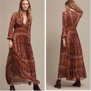 Ranna Gill Ceret Red Burgundy Long Sleeve Boho Indie Maxi Dress Sz 0